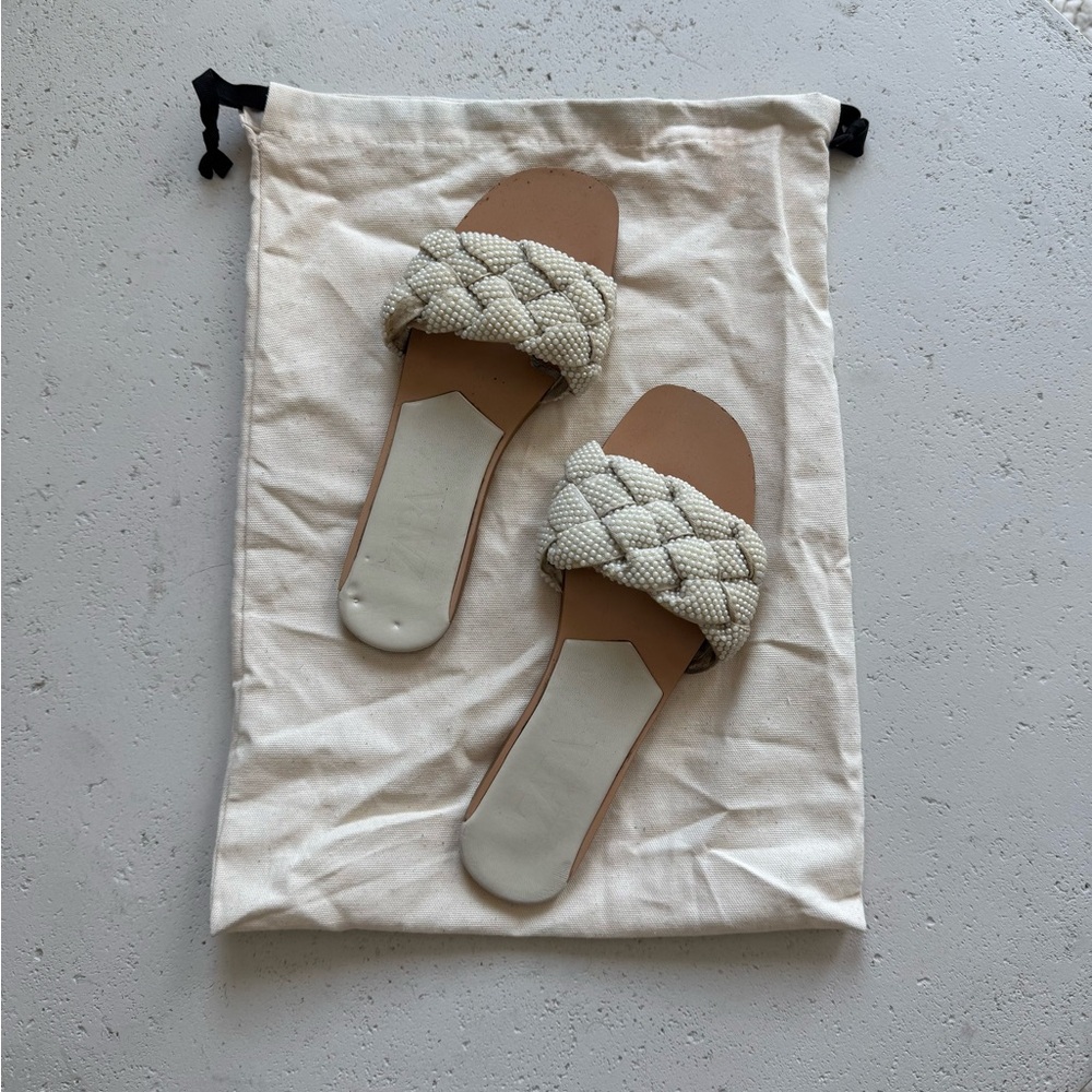 Zara Pearl Embossed Braided Cream Sandals